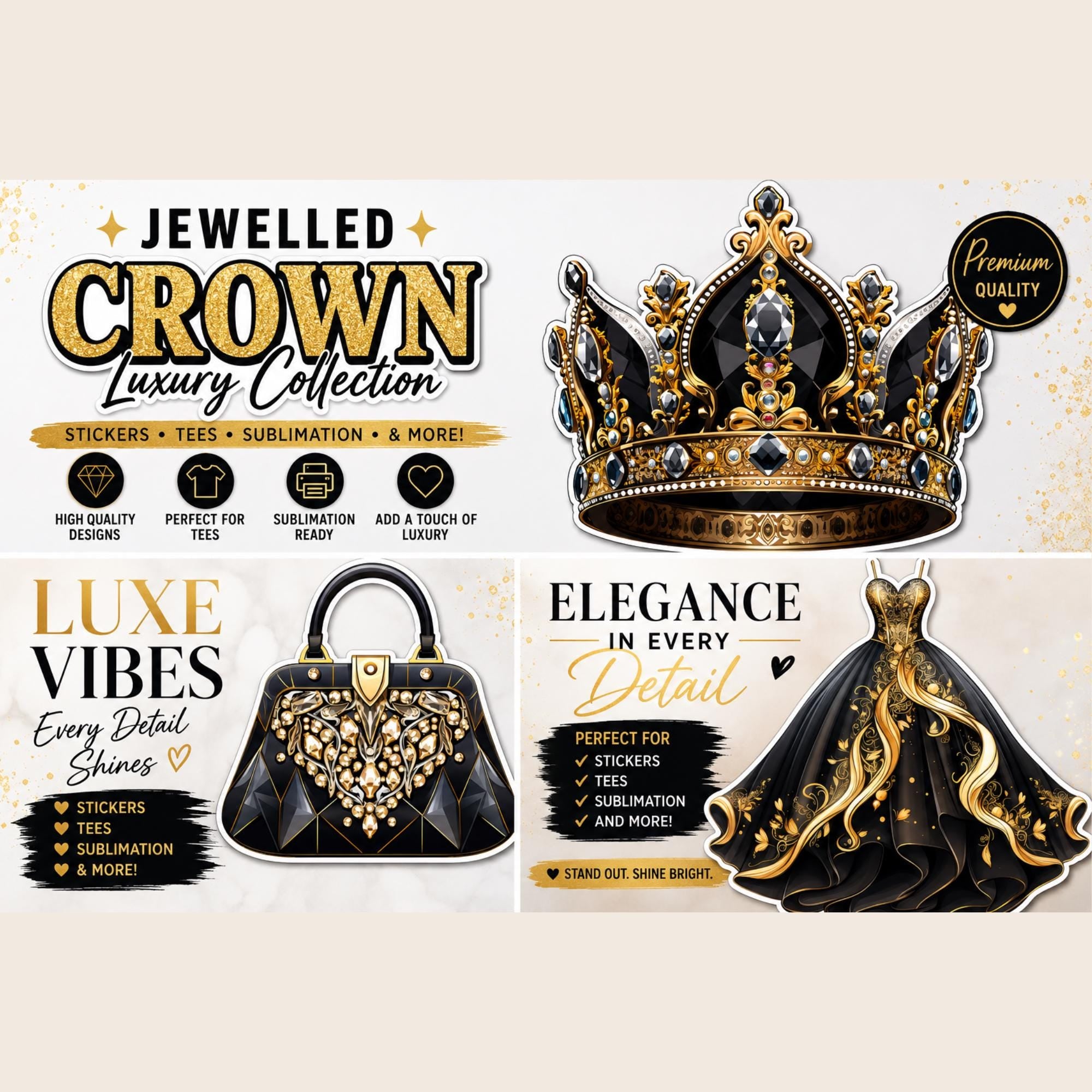 Black N Gold Luxury Clipart Bundle, 21 PNG Designs, Glam Queen Fashion Sublimation, Graduation Bonus, T-Shirt & Sticker Graphics
