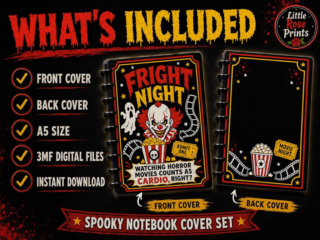 Spooky Movie Night A5 Notebook Cover 3MF Set | Funny Horror Design, Front, Back & Rings | Digital 3D Print Files