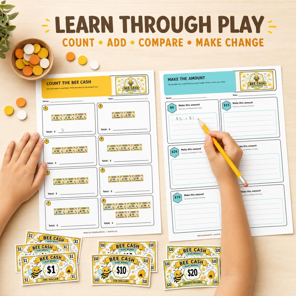 Bee Play Money Printable | Homeschool Counting & Pretend Shop Activity Pack