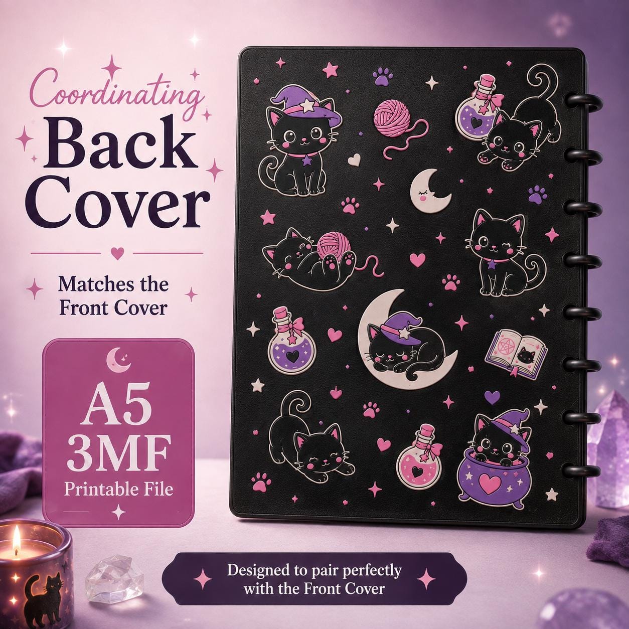 Kawaii Black Cat Energy A5 Notebook Cover 3MF Files | Discbound 3D Print Cover Set | Witchy Cat Planner | Digital Download