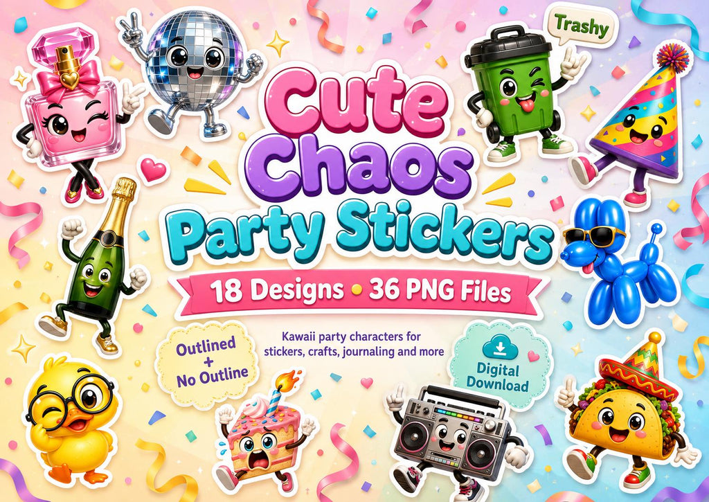 Cute Chaos Party Stickers | 18 Kawaii Party Characters | 36 PNG Files | Outlined and No Outline Clipart