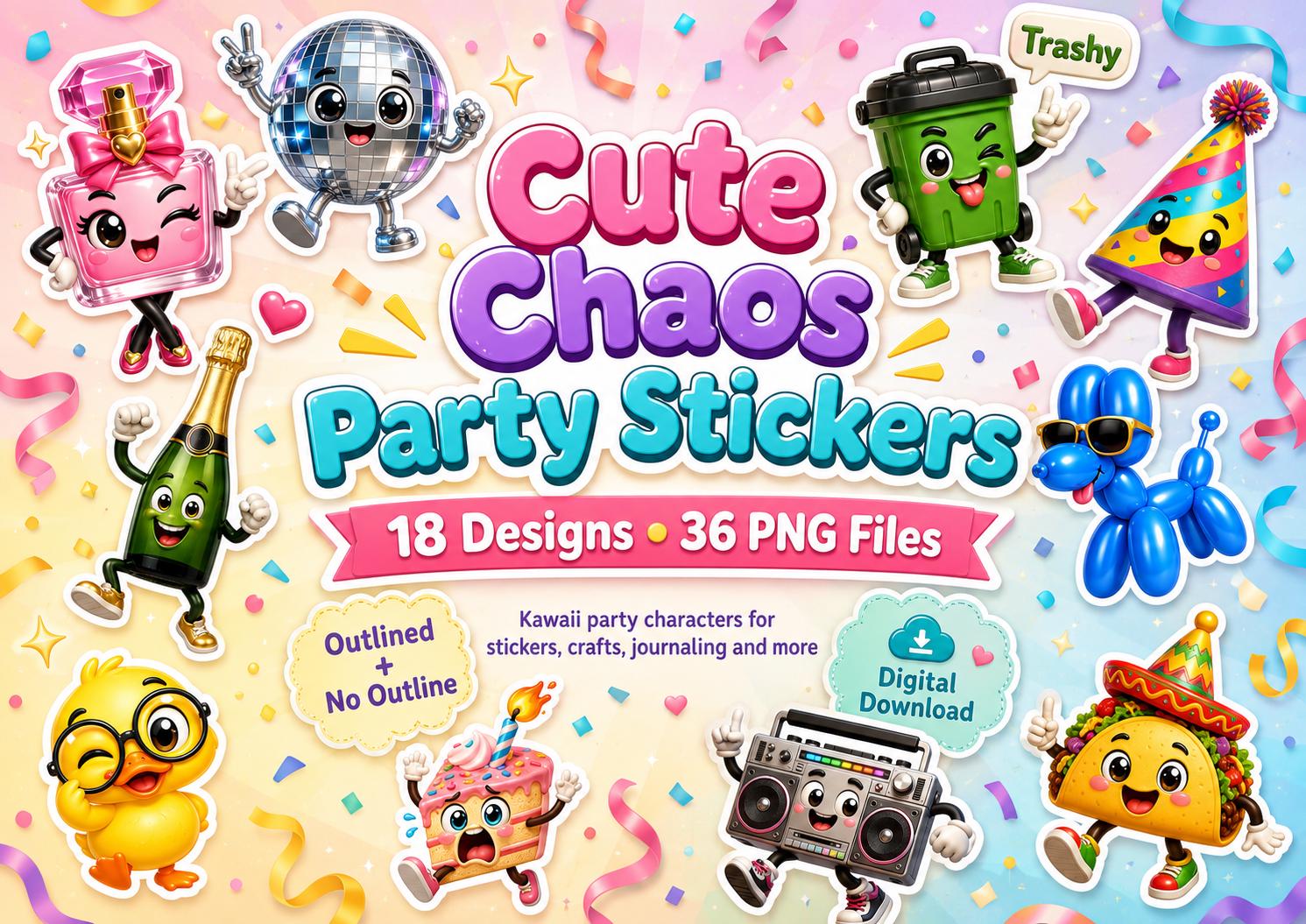 Cute Chaos Party Stickers | 18 Kawaii Party Characters | 36 PNG Files | Outlined and No Outline Clipart