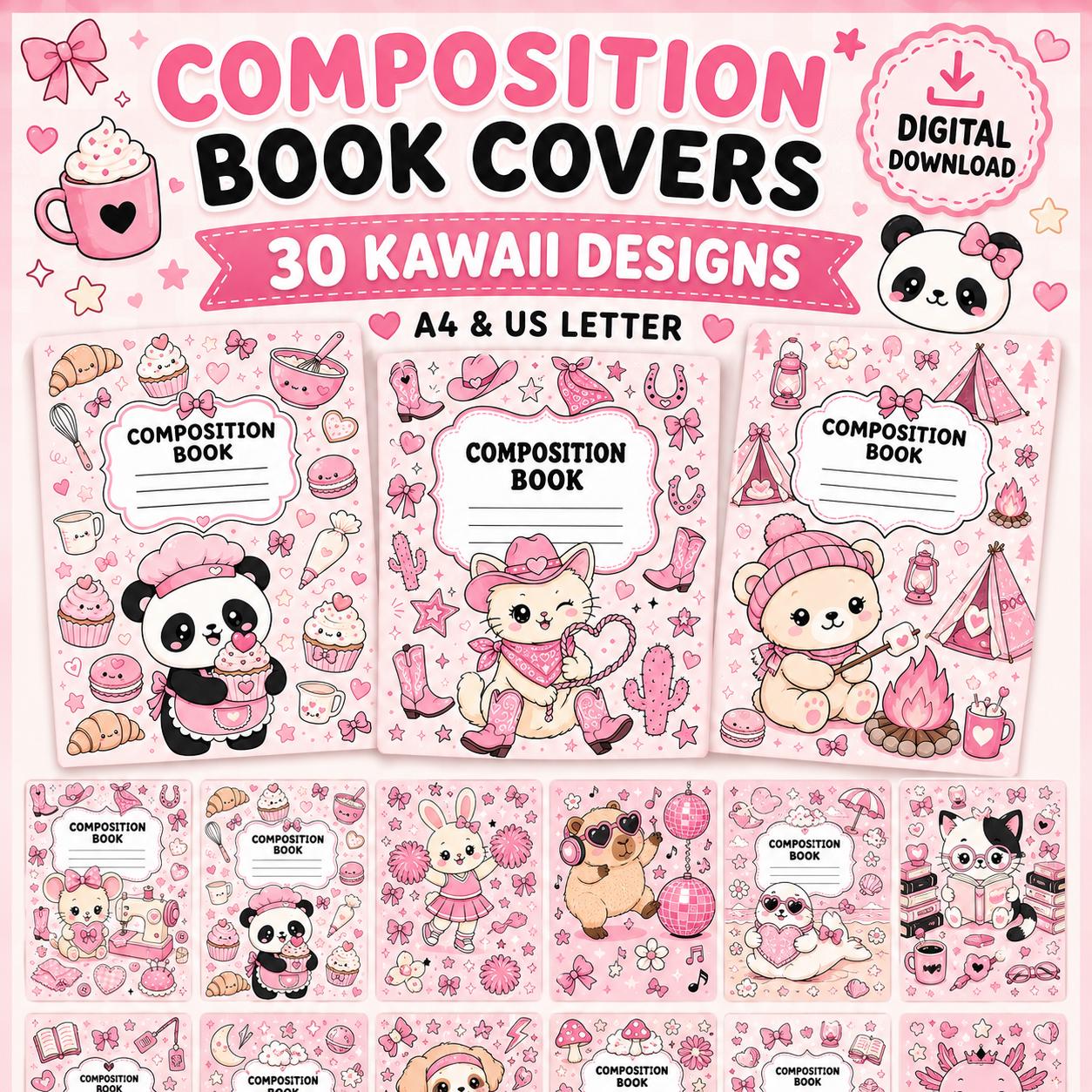 30 Kawaii Composition Notebook Covers, Printable A4 and US Letter Bundle, Cute Pink School Journal Covers, Instant Digital Download