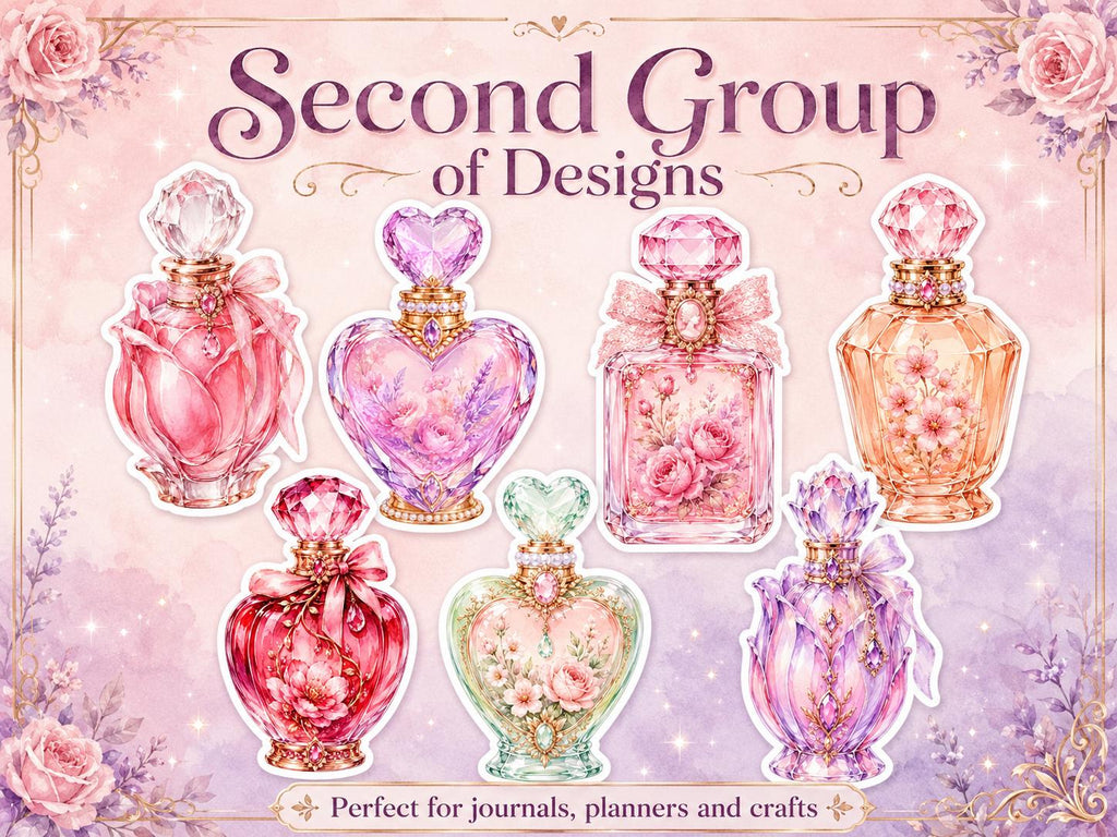 Perfume Bottle PNG Clipart Bundle, 25 Watercolor Floral Stickers for Journals and Scrapbooking