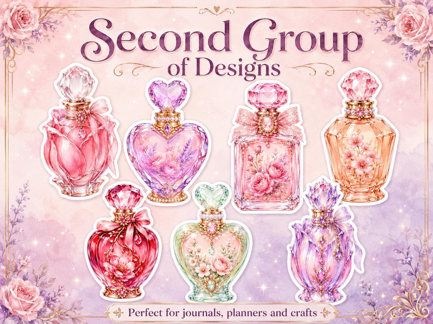 Perfume Bottle PNG Clipart Bundle, 25 Watercolor Floral Stickers for Journals and Scrapbooking