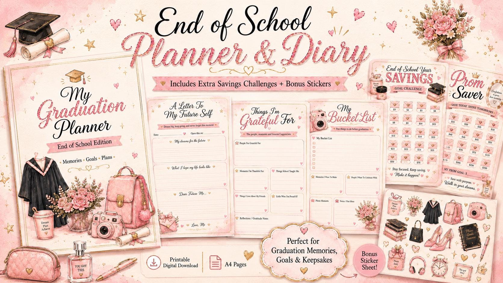 Graduation Planner & Diary | Pink End of School Memories Book (Digital Download)