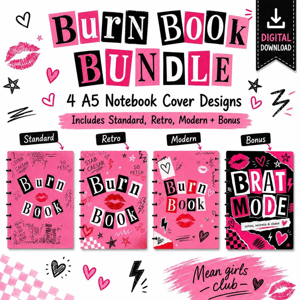 A5 Notebook Cover 3MF Bundle | Pink Mean Girl Inspired Discbound Cover | Front Back Covers + Rings | Printable Journal Cover