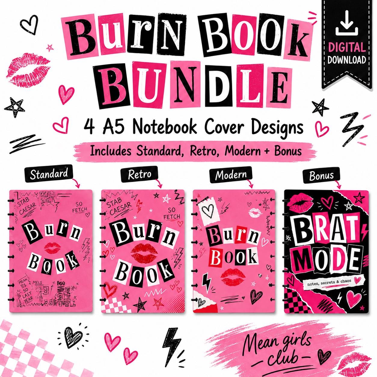 A5 Notebook Cover 3MF Bundle | Pink Mean Girl Inspired Discbound Cover | Front Back Covers + Rings | Printable Journal Cover