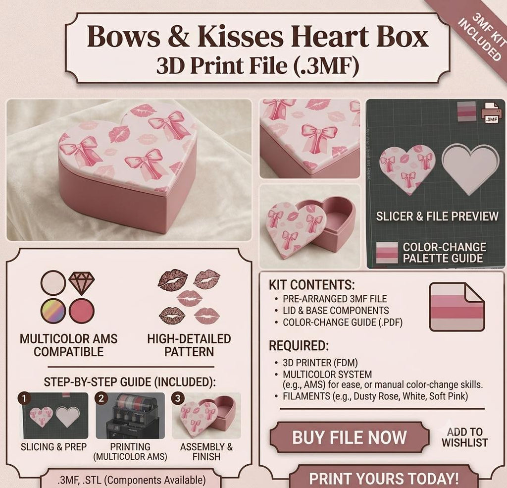 Coquette Bow & Kisses Heart Box – Multi-Color 3D Print File (.3MF)