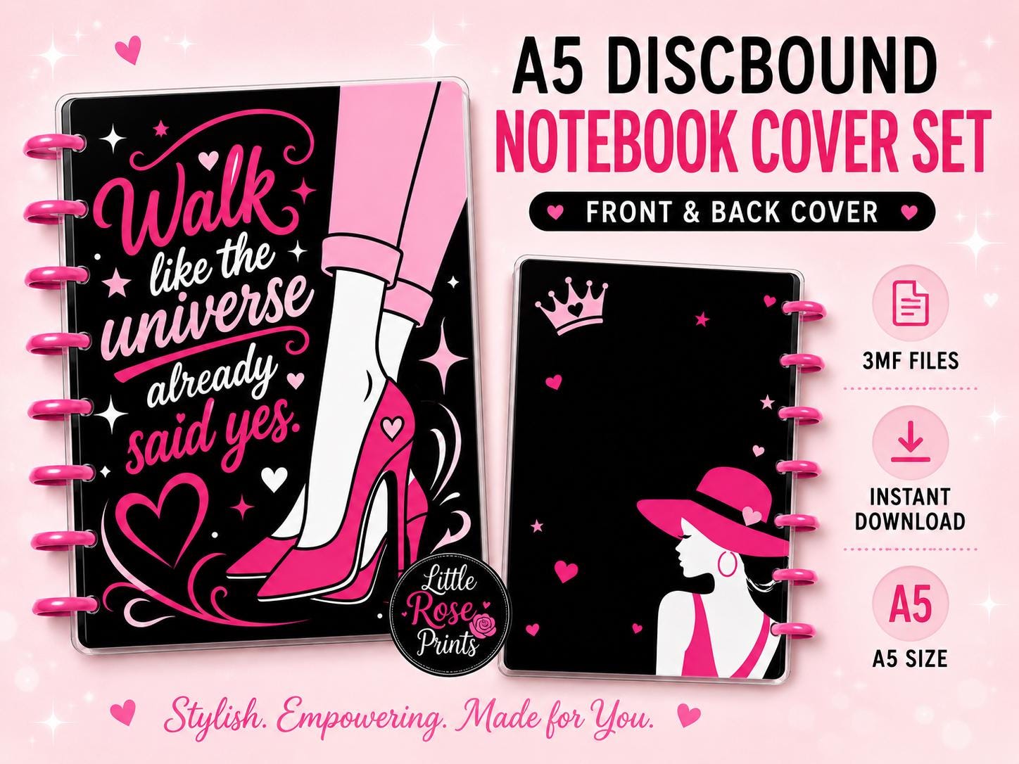 Women Empowerment A5 Notebook Cover 3MF Set | Motivational Pink Front, Back & Rings | 3D Printable Digital File