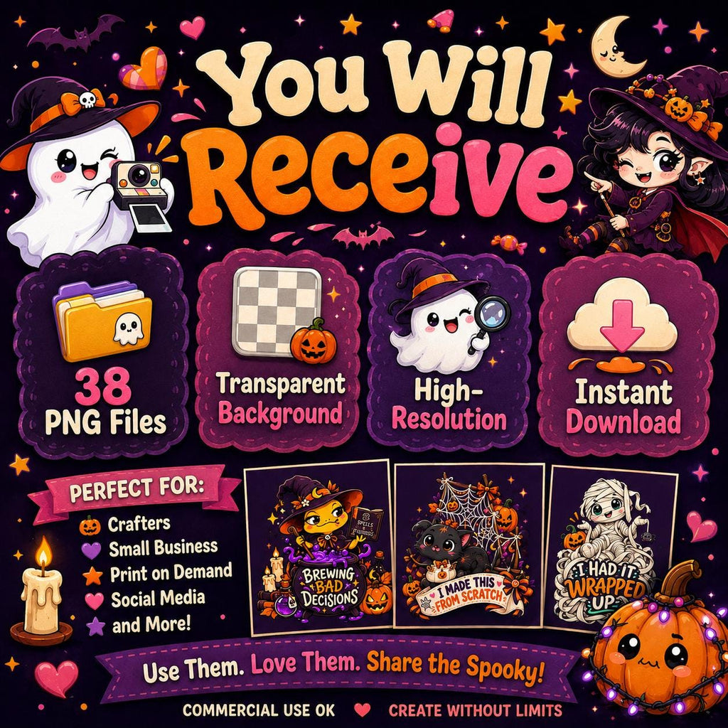 Halloween PNG Bundle, 38 Funny Cute Spooky Designs for Shirts, Stickers & Sublimation