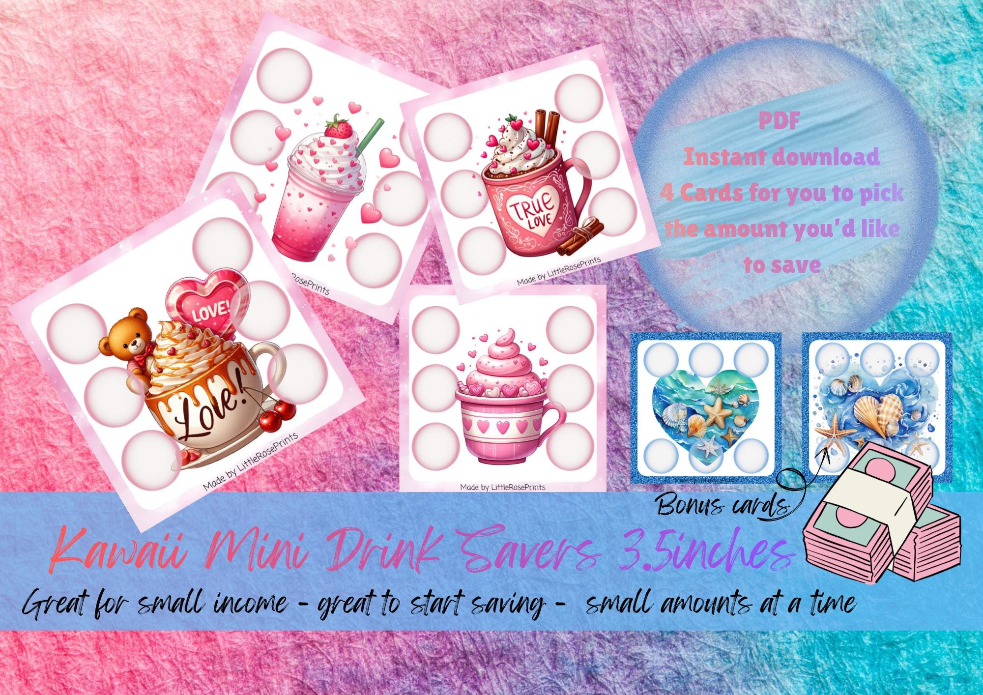 kawaii Drinks saving challenges - 3.5inch cards - Save money - small income