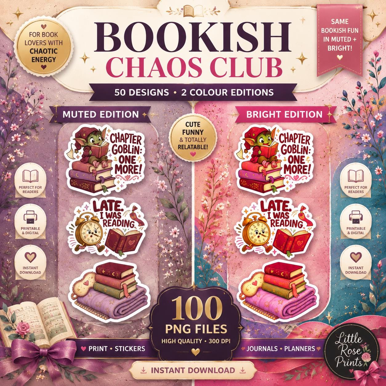 Bookish Chaos Club Sticker Bundle: 100 PNGs, Printable Sheets, GoodNotes