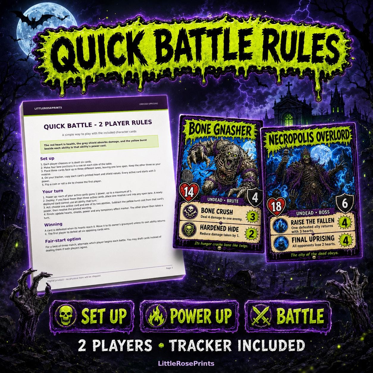 Undead Uprising Printable Battle Cards, 30 Zombie Game Cards, A4 & US Letter PDFs