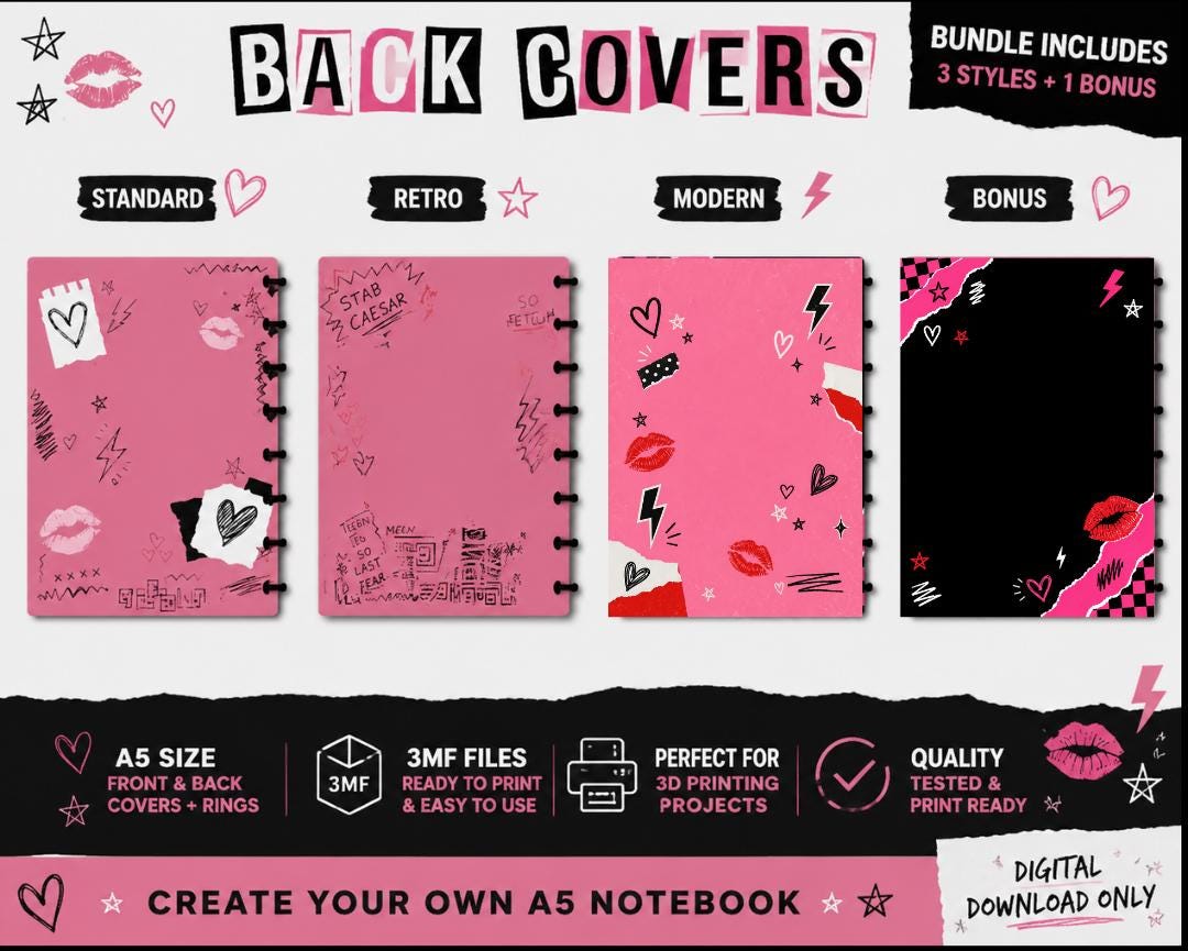 A5 Notebook Cover 3MF Bundle | Pink Mean Girl Inspired Discbound Cover | Front Back Covers + Rings | Printable Journal Cover