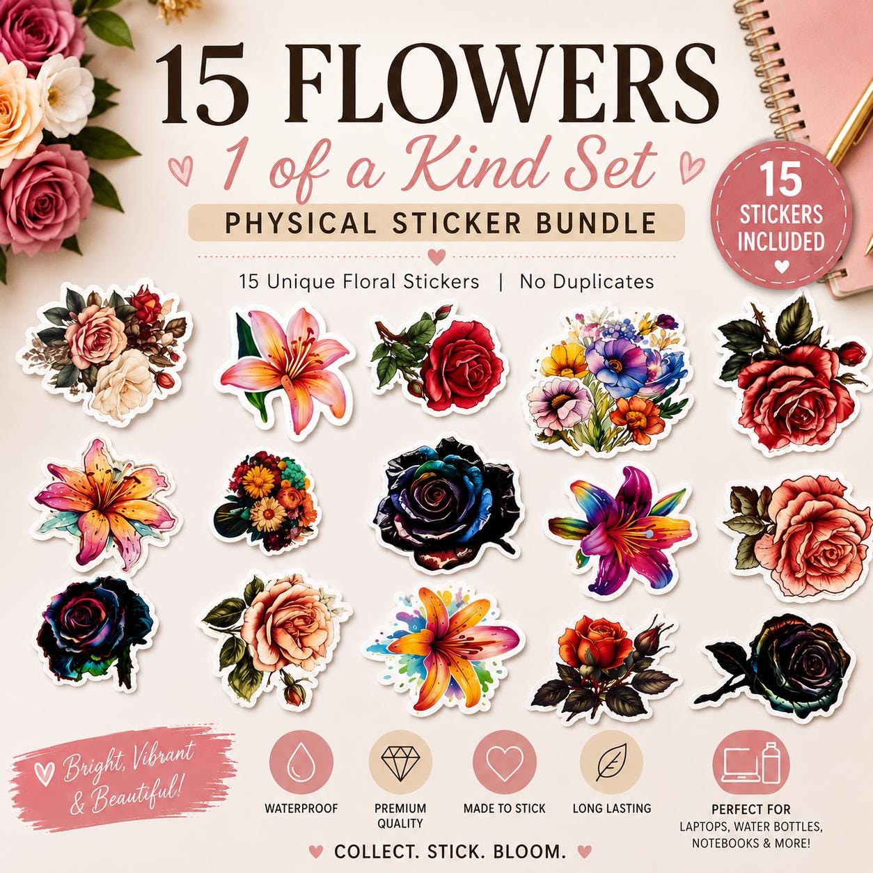 15 Floral Vinyl Sticker Bundle | Unique Flower Stickers | Matte Waterproof Stickers | Laptop Sticker Pack | Planner | Water Bottle Decals
