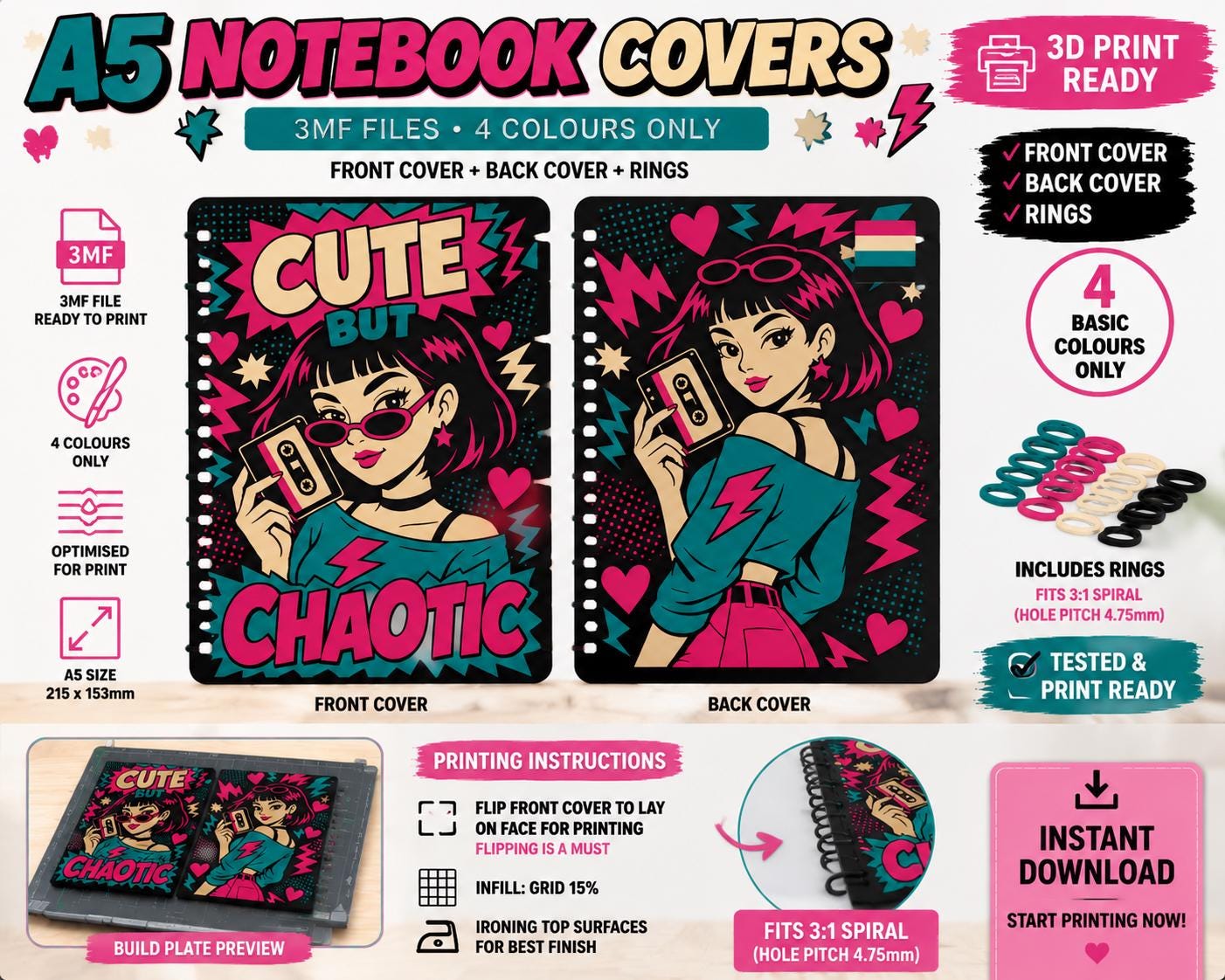 Notebook Cover 3MF File | Cute Comic Spiral Notebook Cover | 3D Print Ready Front Back Cover | 3:1 Spiral Binder Rings | Digital Download