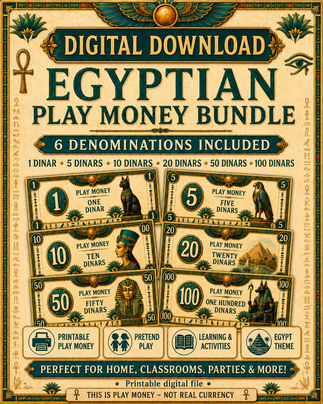 Egyptian Play Money Printable | Ancient Egypt Pretend Money 1 5 10 20 50 100 Dinars | Kids Learning Activity Digital Download | PDF