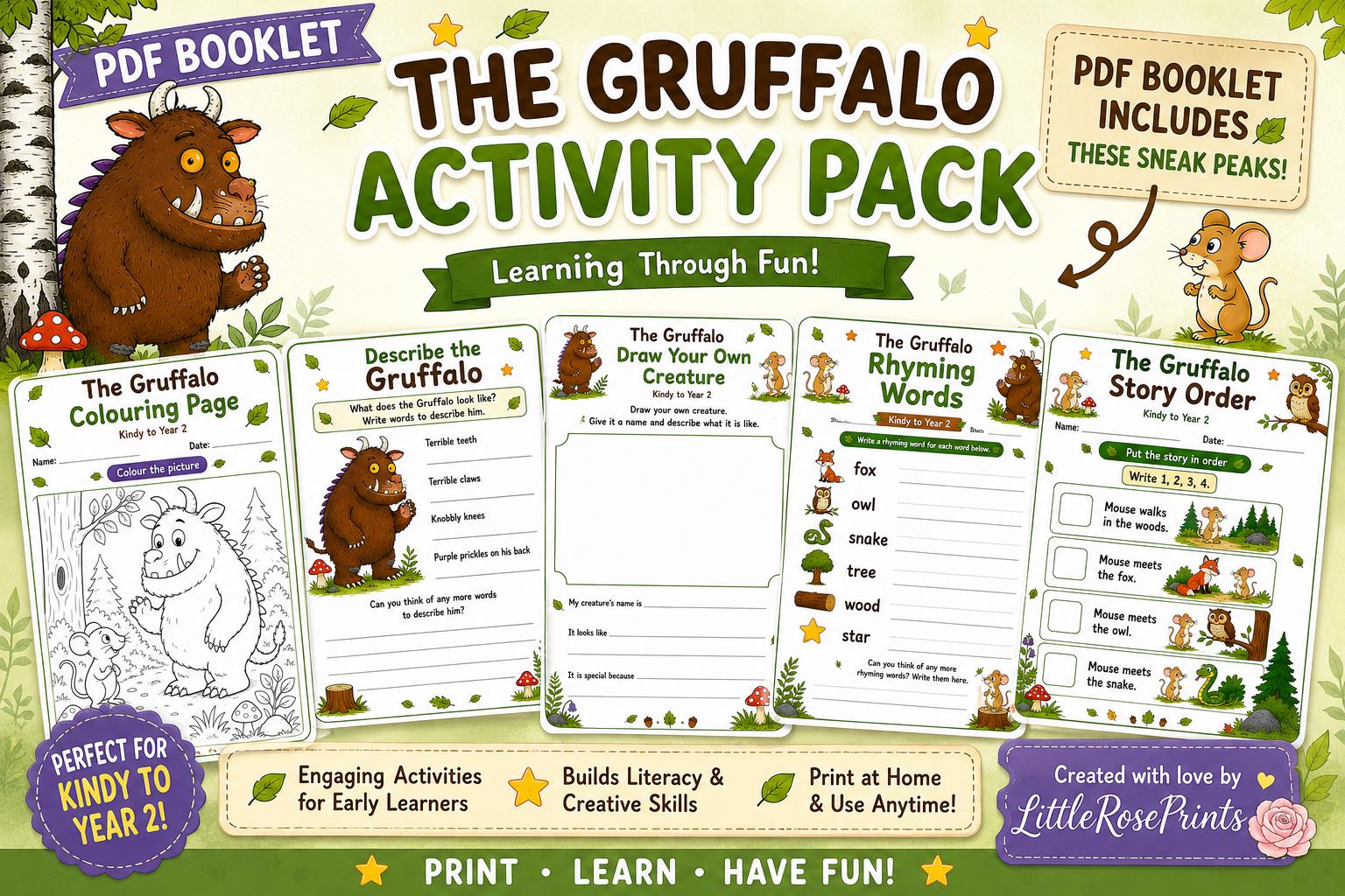 Gruffalo Monster Activity Pack PDF | 14 Printable Literacy Worksheets | Classroom Activities| Read Gruffalo book and print worksheets