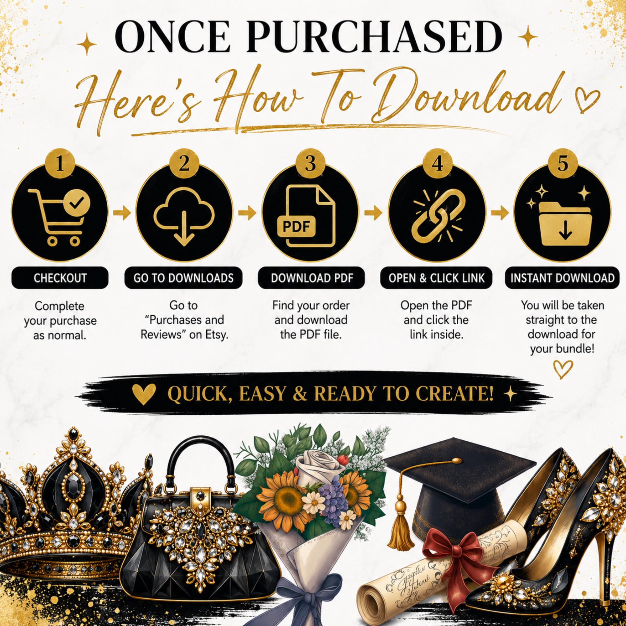 Black N Gold Luxury Clipart Bundle, 21 PNG Designs, Glam Queen Fashion Sublimation, Graduation Bonus, T-Shirt & Sticker Graphics