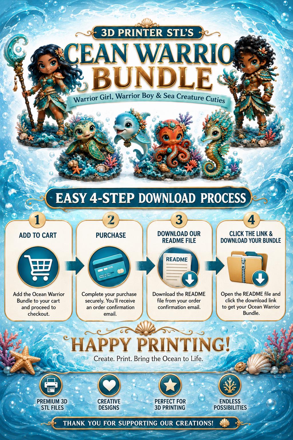 Ocean Warrior STL Bundle: 6 Fantasy Miniatures, 50mm and 100mm Digital Files