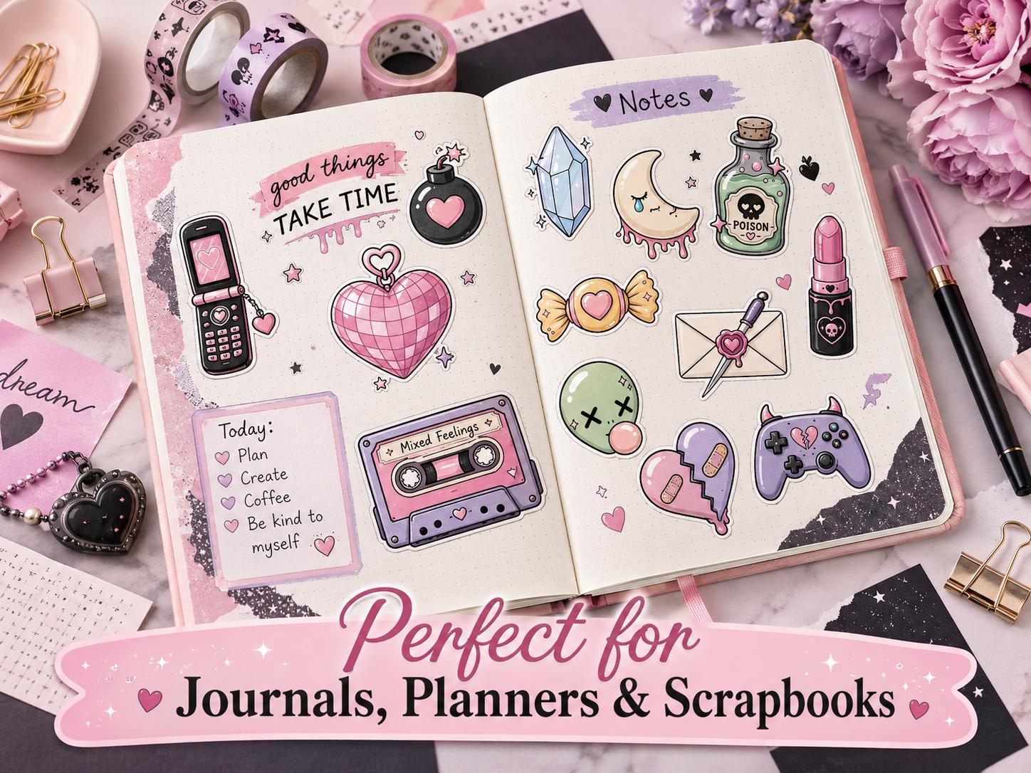 20 Pastel Goth PNG Stickers, Cute Creepy Y2K Clipart Bundle, Kawaii Emo Digital Download for Journals and Scrapbooking