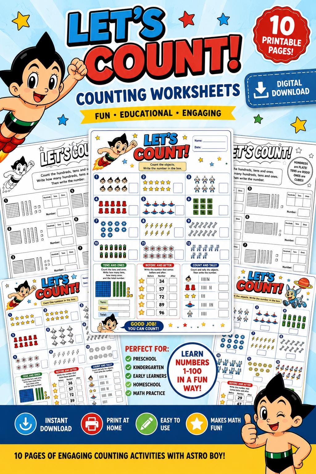 Base-10 Blocks Math Pack | 10 Counting Worksheets (Digital Download)