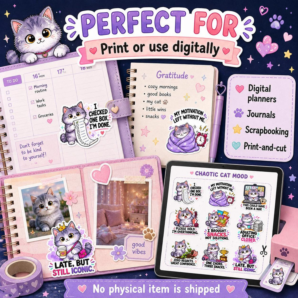 Kawaii Cat PNG Bundle, 9 Funny Digital Stickers for Planners, Journals & Print and Cut