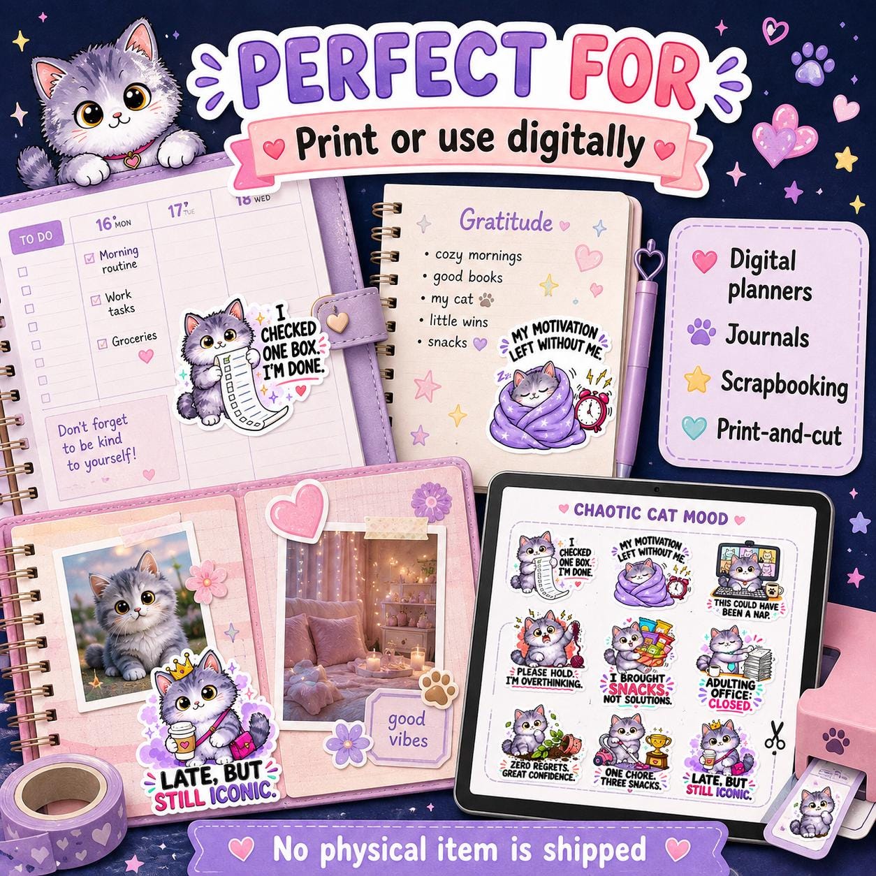 Kawaii Cat PNG Bundle, 9 Funny Digital Stickers for Planners, Journals & Print and Cut