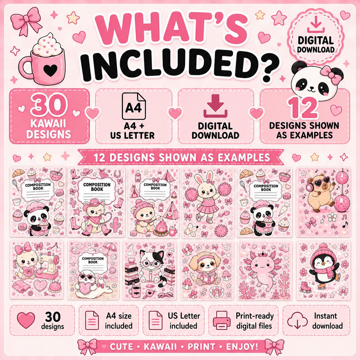 30 Kawaii Composition Notebook Covers, Printable A4 and US Letter Bundle, Cute Pink School Journal Covers, Instant Digital Download