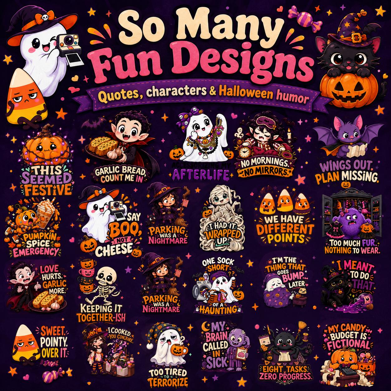 Halloween PNG Bundle, 38 Funny Cute Spooky Designs for Shirts, Stickers & Sublimation
