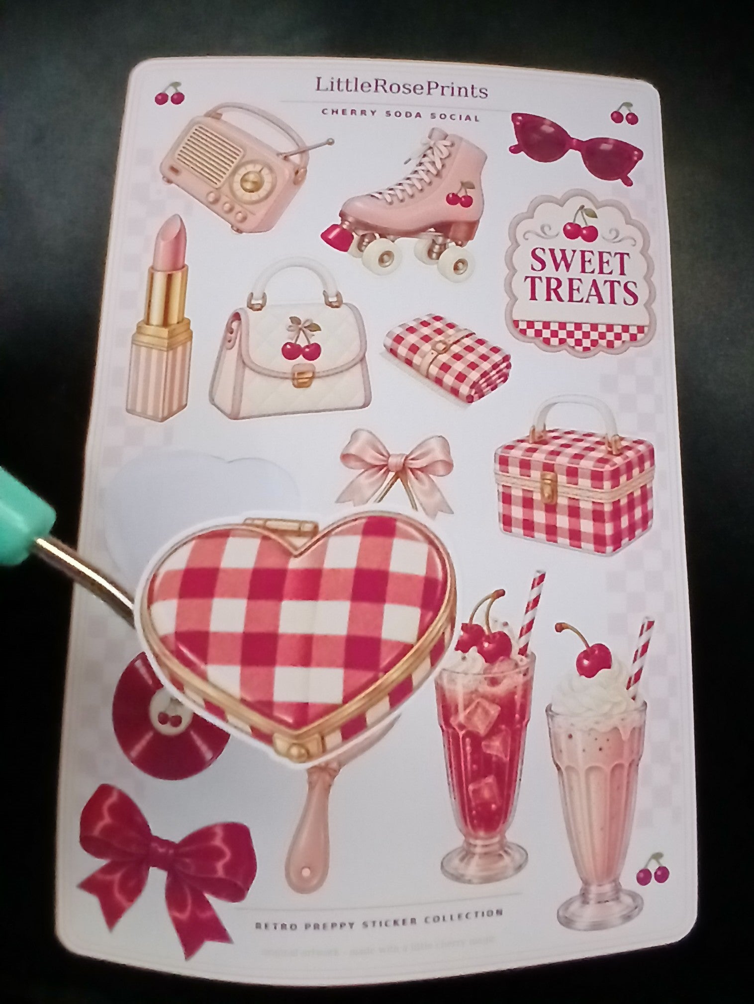 Cherry Soda Social Sticker Sheet | Retro Preppy Cherry Stickers | Pink Aesthetic Planner Stickers | Kiss Cut Sticker Sheet