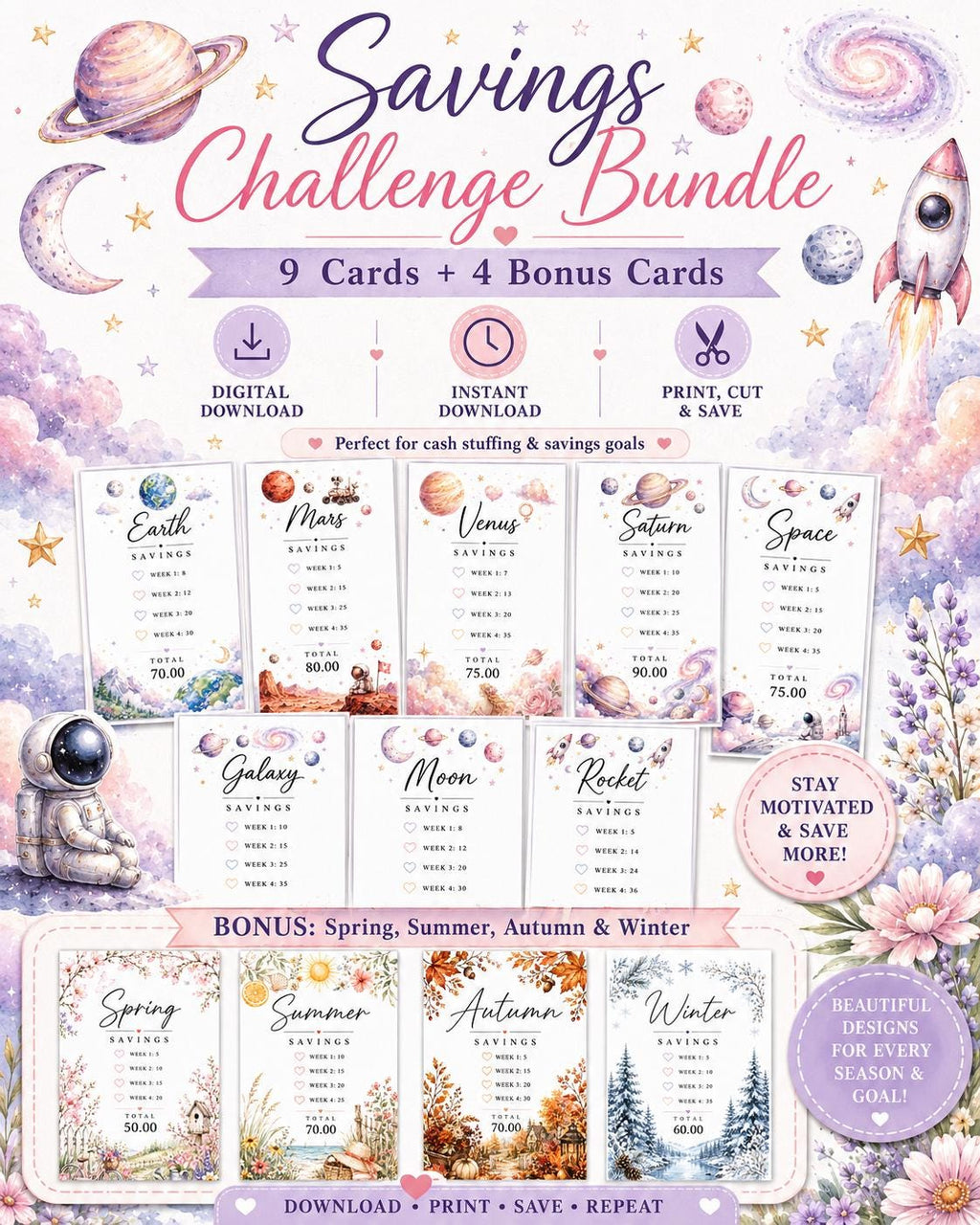 Space Savings Challenge Bundle | 9 Printable Cards + 4 Seasonal Trackers (Digital Download)