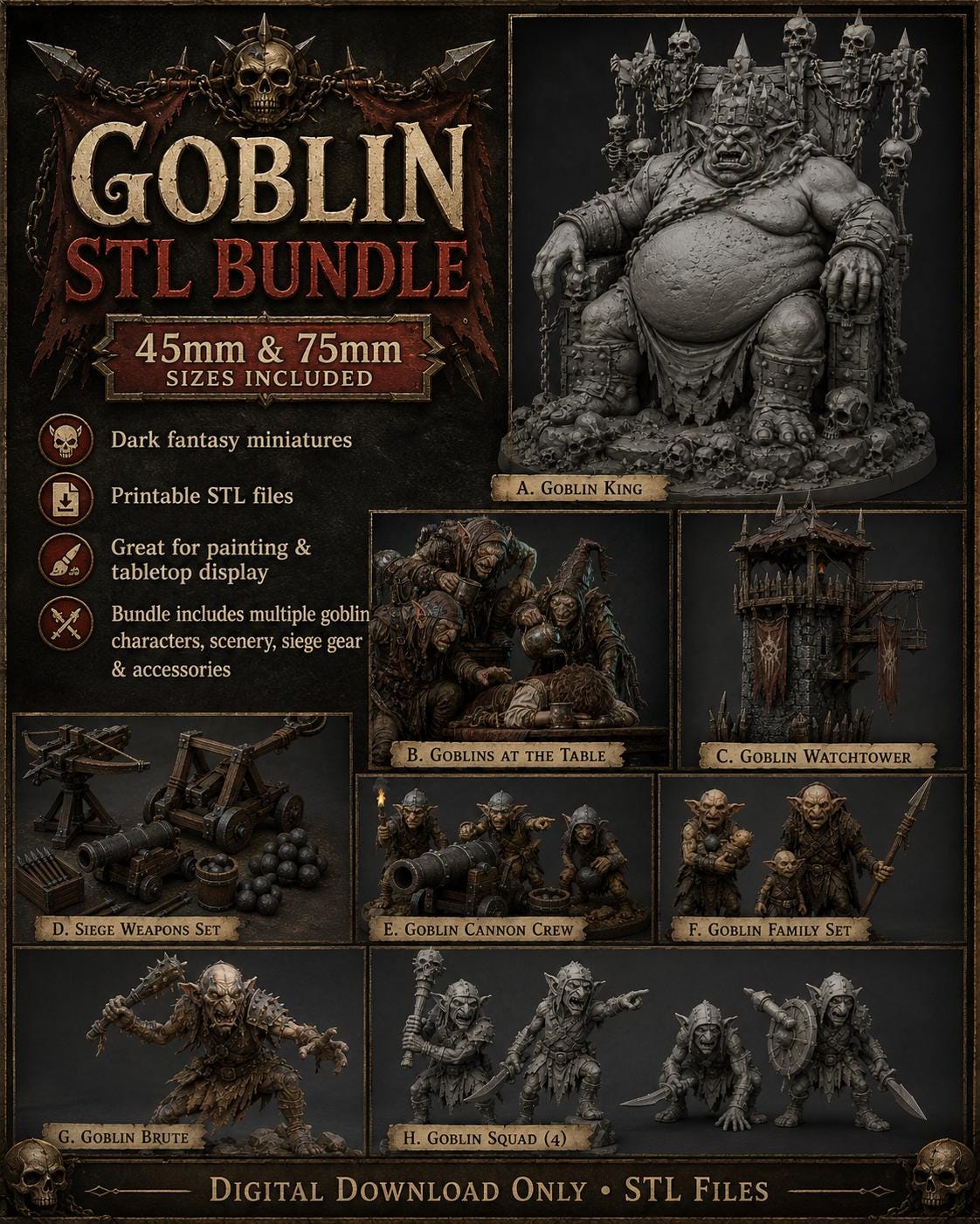 Goblin STL Bundle: 21 Dark Fantasy Miniatures and Terrain, 45mm & 75mm