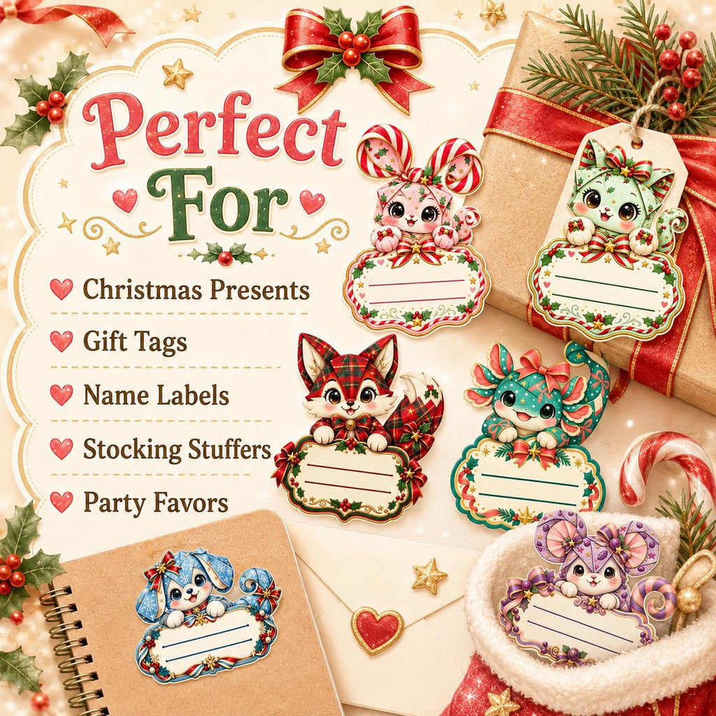 Printable Christmas Name Stickers, 12 Kawaii Gift Labels, Digital Download