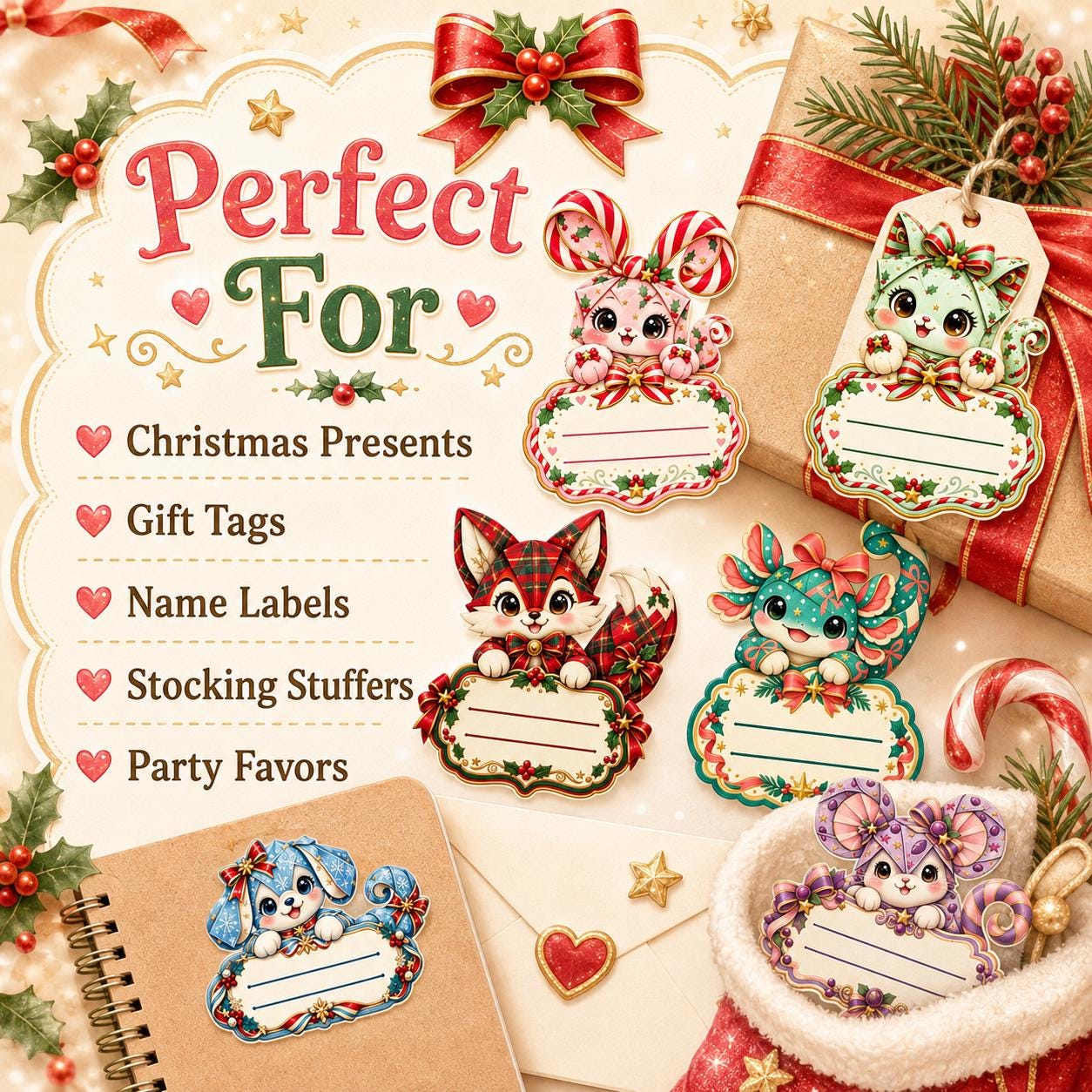 Printable Christmas Name Stickers, 12 Kawaii Gift Labels, Digital Download