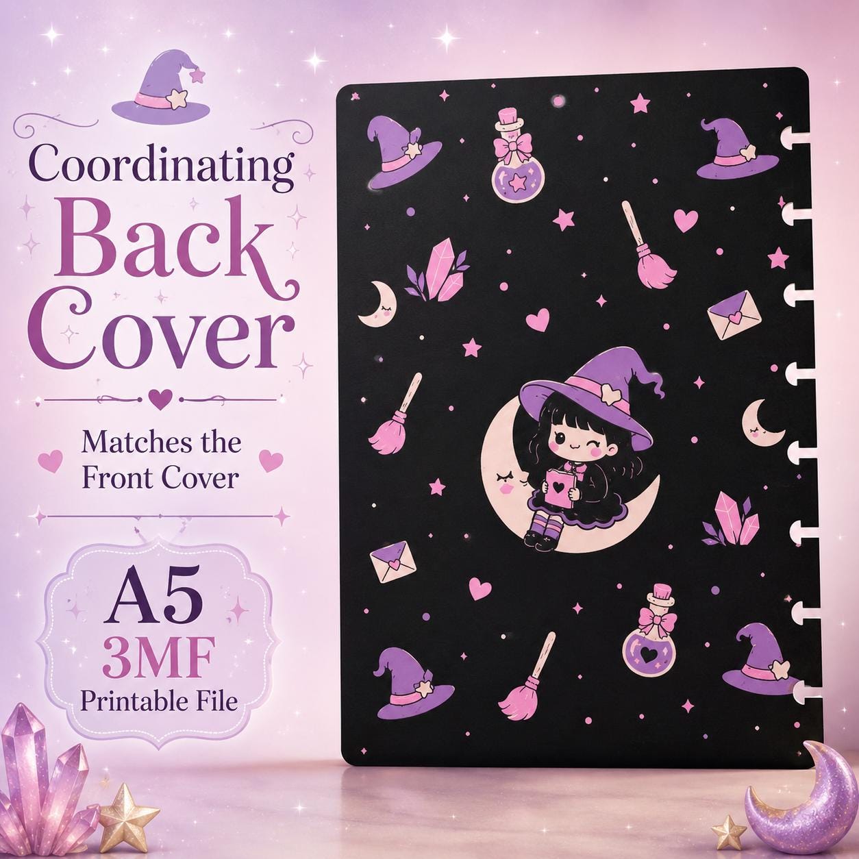 Little Miss Magic A5 Notebook Cover 3MF File | Witchy 3D Printable Front Back Rings | Cute Witch Notebook Cover Bundle