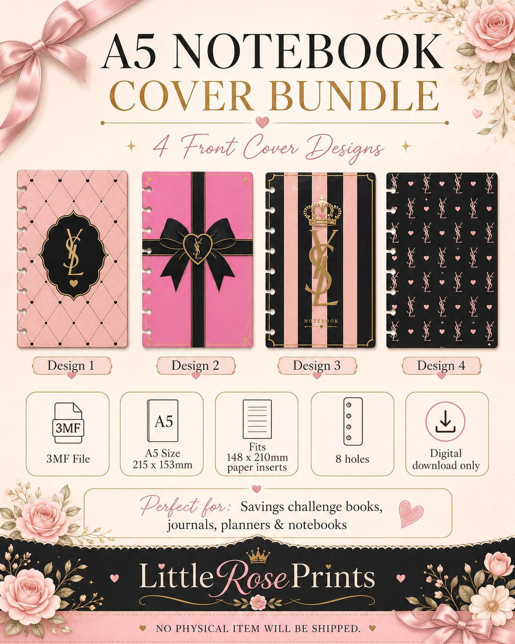 A5 Luxury Notebook Cover Bundle 3MF | 4 Front & 4 Back Covers | 3D Printable Planner Cover Set | Digital Download