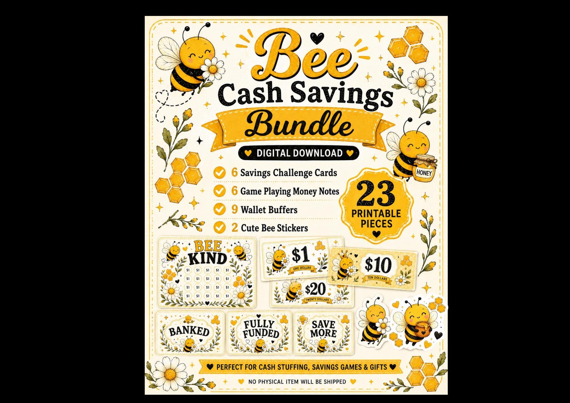 Bee Cash Stuffing Printable Bundle: Savings Challenges, Game Money & Banked Cash Buffer Cards