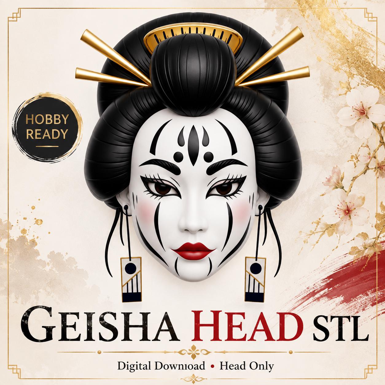 Geisha Head STL File | Japanese Inspired Female Face Sculpt | Resin 3D Printing Model | Miniature Painting Hobby Digital Download