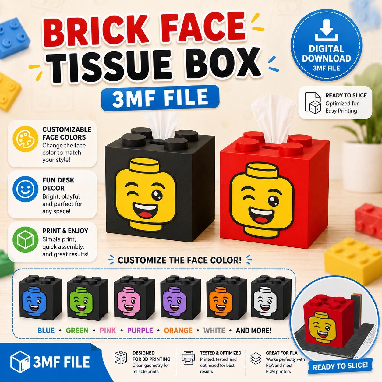 Brick Face Tissue Box 3MF File | 3D Printable Tissue Holder | Fun Desk Decor | Kids Room Decor | Brick Inspired Gift | Digital Download