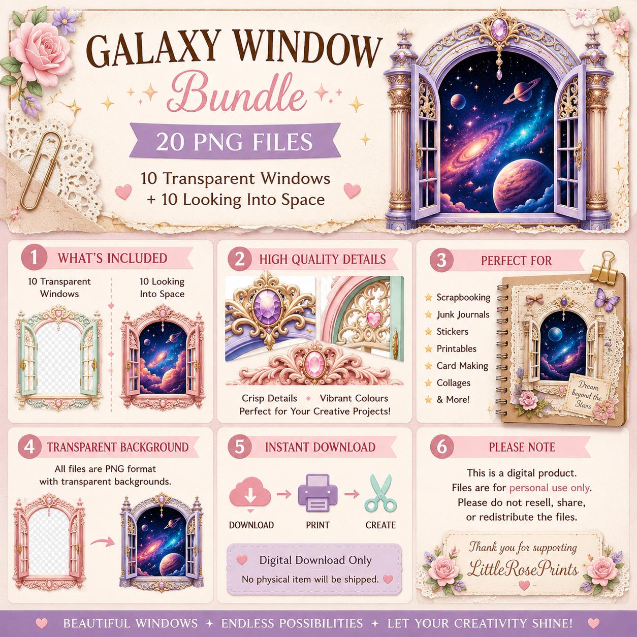 Galaxy Window PNG Bundle | Fantasy Space Window Clipart | Transparent Window PNG | Junk Journal Digital Download | 20 PNG Files