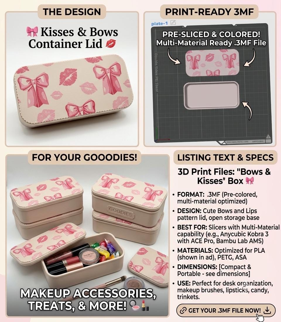 3D Print File Bows & Kisses Box .3MF | Cute Desktop Container, Makeup Organizer, Jewelry Storage | Multi-Color STL / 3MF Digital Download