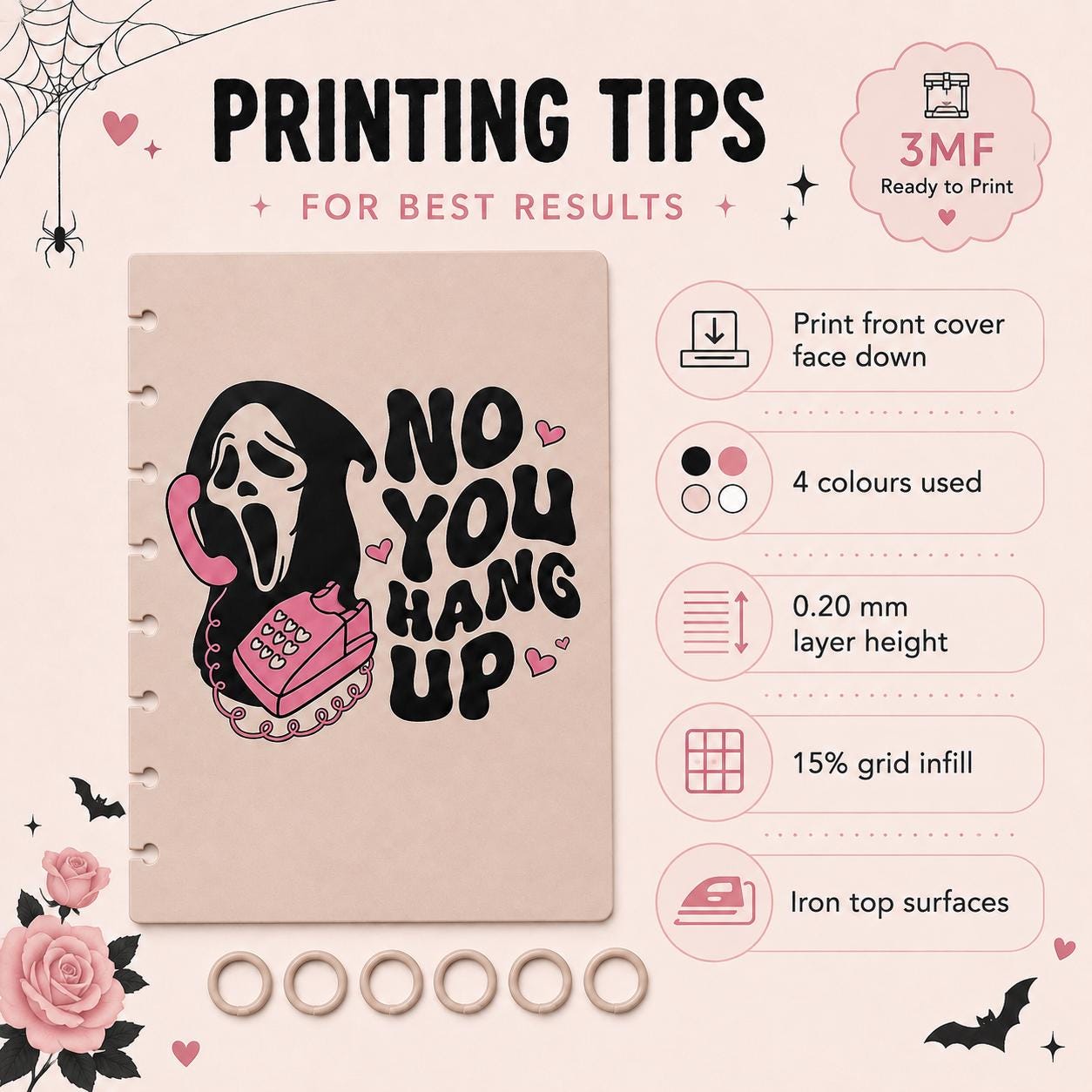 Creepy Cute A5 Notebook Cover 3MF File | Horror Discbound Journal Cover | Scream Inspired Spooky Planner Cover | 3D Print File