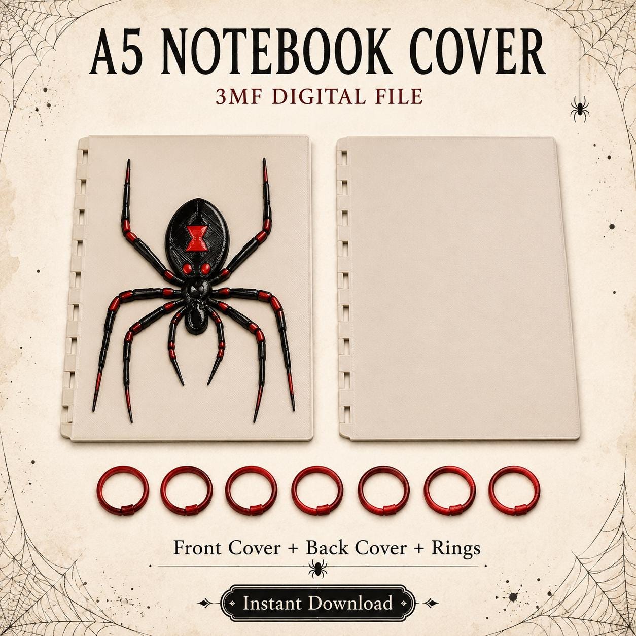 Spider A5 Notebook Cover 3MF File | Gothic Discbound Journal Cover | Spooky Planner Cover | Horror 3D Print Digital Download