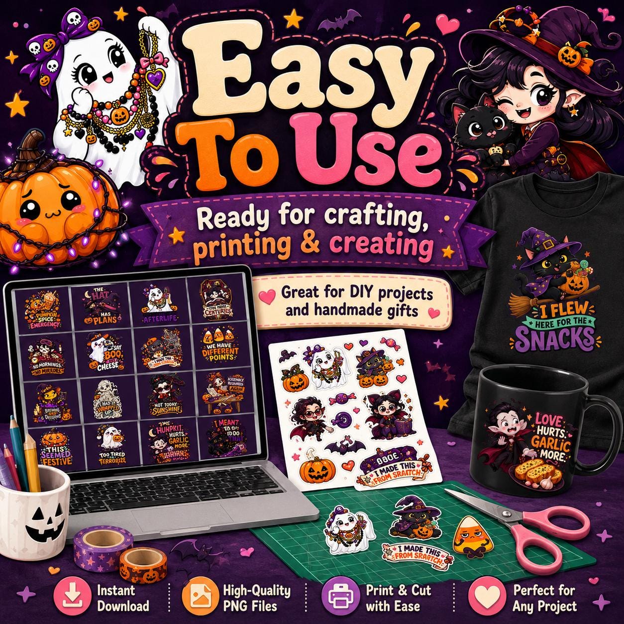 Halloween PNG Bundle, 38 Funny Cute Spooky Designs for Shirts, Stickers & Sublimation