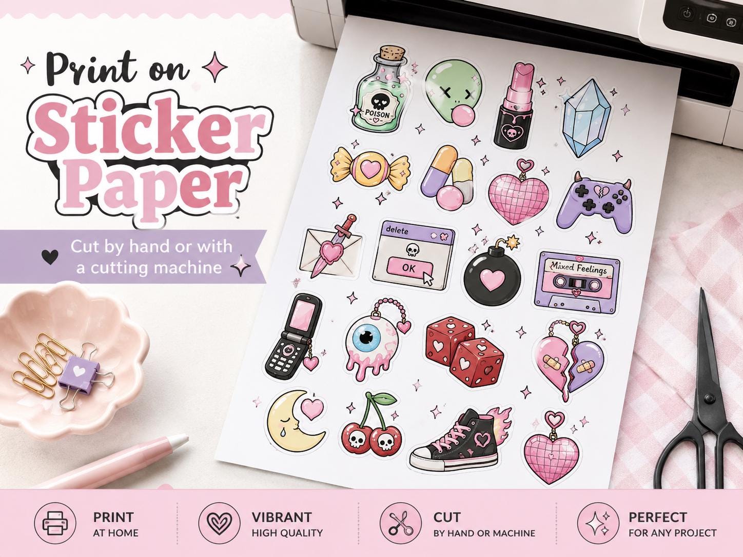20 Pastel Goth PNG Stickers, Cute Creepy Y2K Clipart Bundle, Kawaii Emo Digital Download for Journals and Scrapbooking