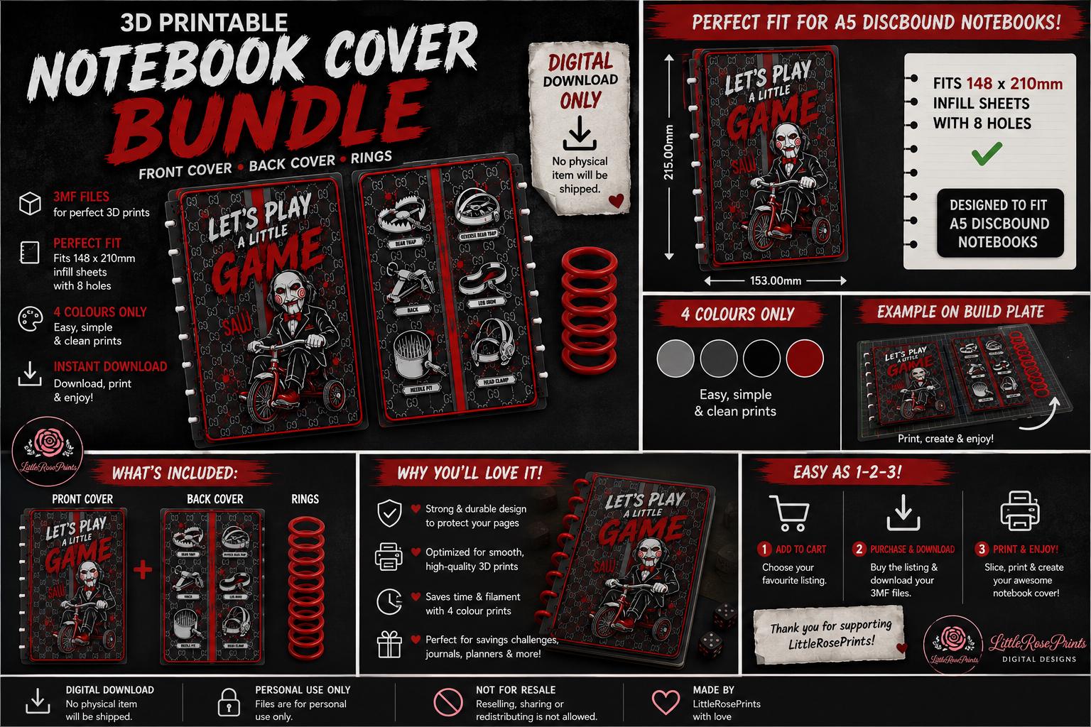 Horror Game A5 Notebook Cover 3MF Files, Discbound Cover and 8 Rings, Digital Download