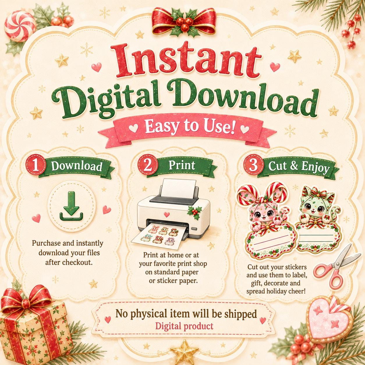 Printable Christmas Name Stickers, 12 Kawaii Gift Labels, Digital Download