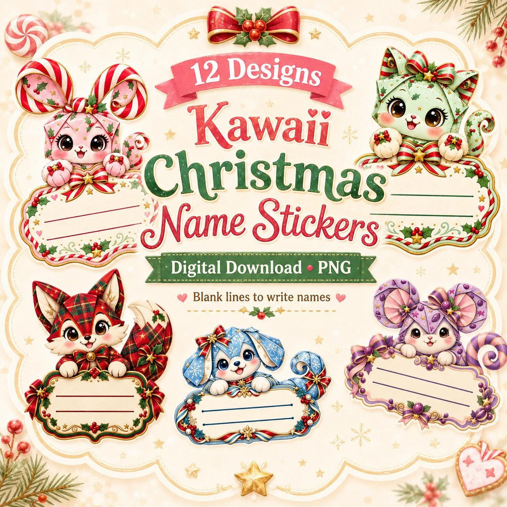 Printable Christmas Name Stickers, 12 Kawaii Gift Labels, Digital Download